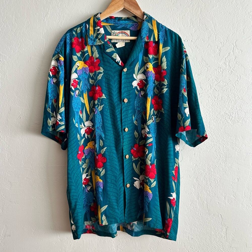 Vintage Paradise Found Colorful Tropical Floral Parrot Hawaiian Shirt Size M
